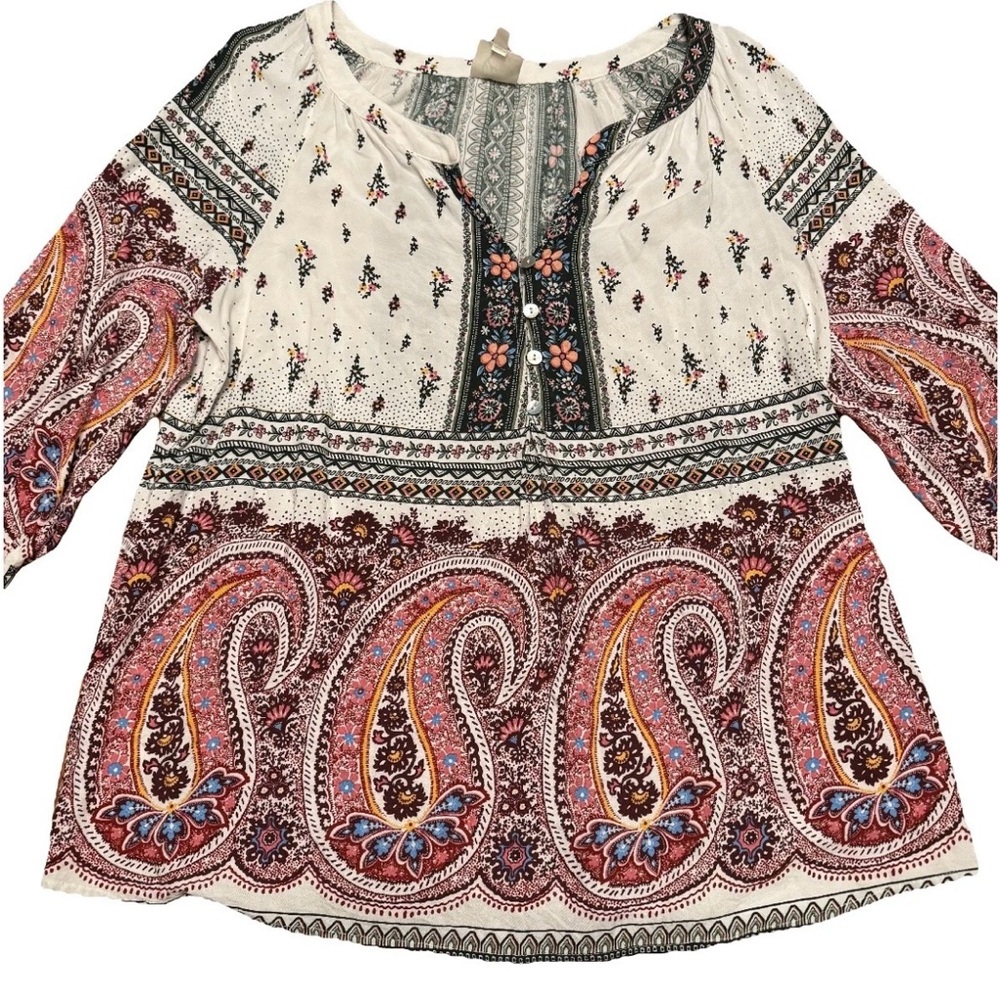 Anthropologie 2X Boho Floral Paisley Cottagecore Hip Retro Tie 3/4 Sleeves